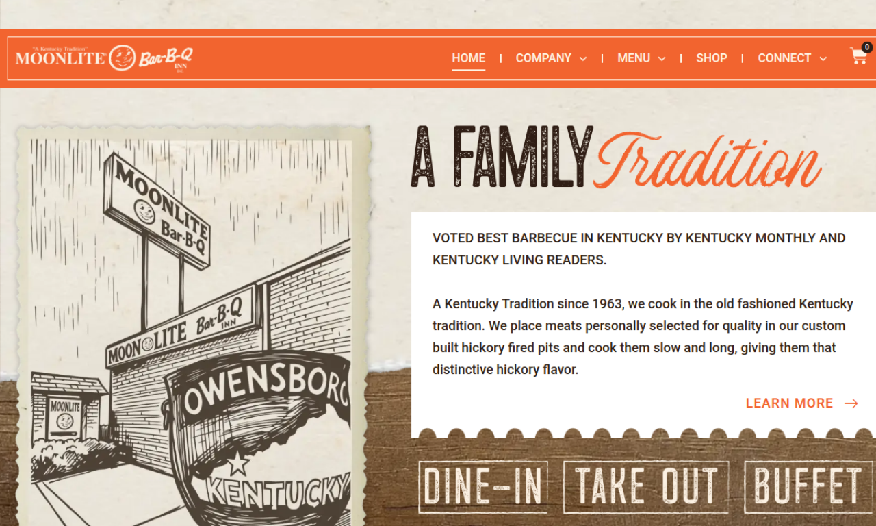 Moonlite Bar-B-Q website homepage, built by Markitera